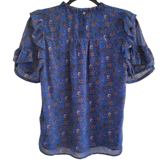 Loft Blue Floral Short Sleeve Ruffled Blouse Size S - Picture 2 of 6